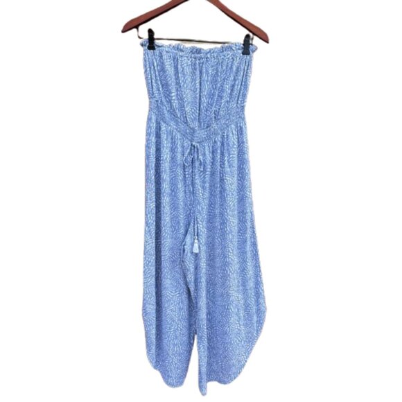 Japna Jumpsuit Womens Medium Blue White Asymmetrical Wide-Leg Cottagecore - Picture 1 of 10